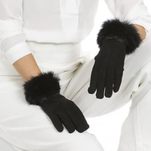 Black Faux Suede Gloves with Coney Fur Trim by Jayley Accessories Jayley   