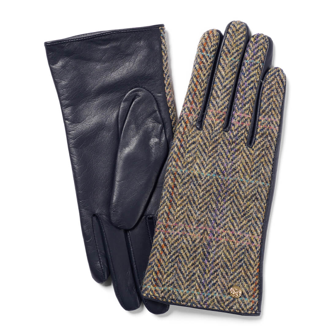 Ladies Harris Tweed & Leather Country Gloves - Navy/Brown by Failsworth Accessories Failsworth   