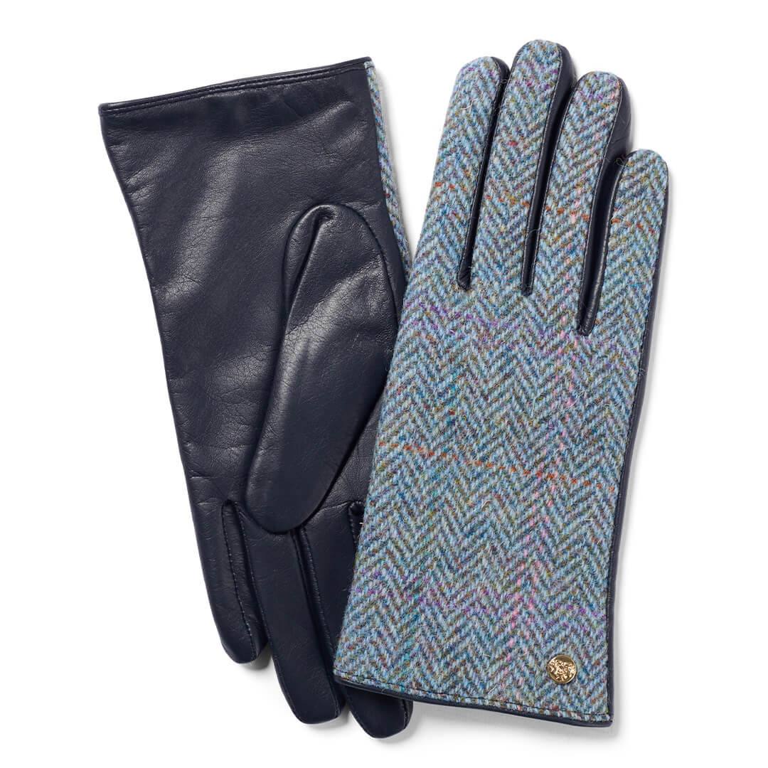 Ladies Harris Tweed & Leather Country Gloves - Navy/Grey by Failsworth Accessories Failsworth   