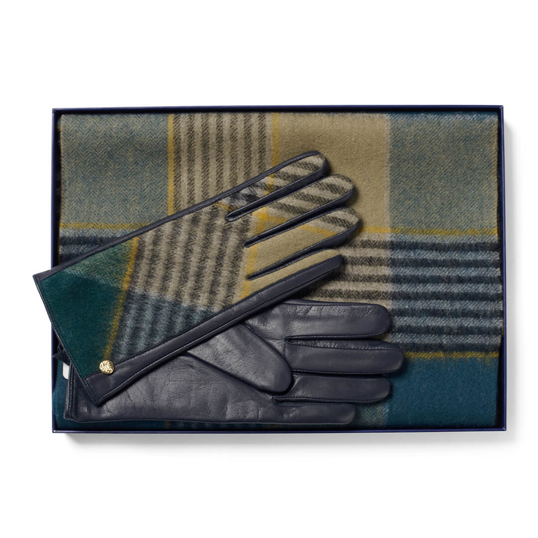 Lambswool Scarf & Leather Gloves Gift Set - Teal/Sage by Failsworth Accessories Failsworth   