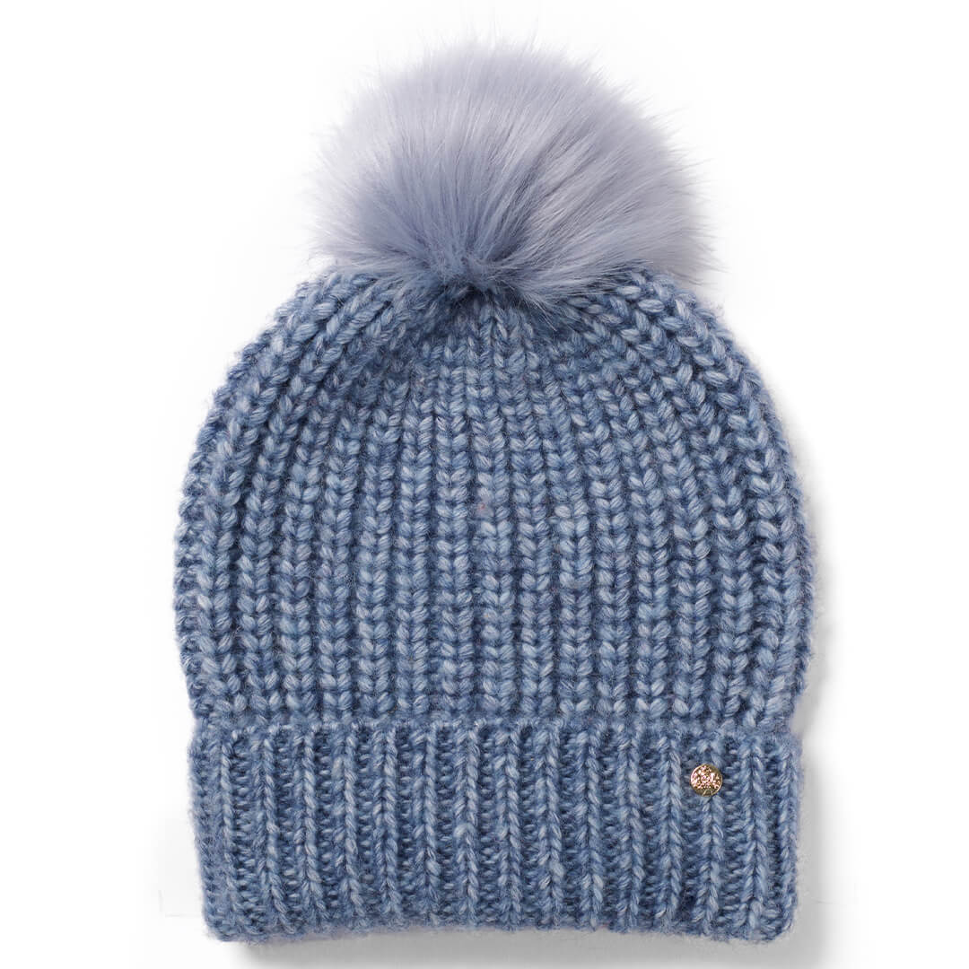 Lily Knitted Pom Pom Beanie Hat - Denim by Failsworth Accessories Failsworth   