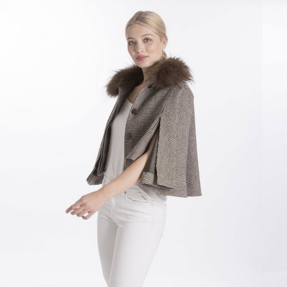 Tweed Fox Fur Cape Jacket by Jayley Jackets & Coats Jayley   