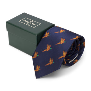 100% Silk Woven Pheasant Tie - Navy by Hoggs of Fife Accessories Hoggs of Fife   